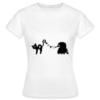 Katze und Igel feiern mit Wimpel - Frauen T-Shirt - Weiß - Vorne - AI Model Female 172 dark (172cm)