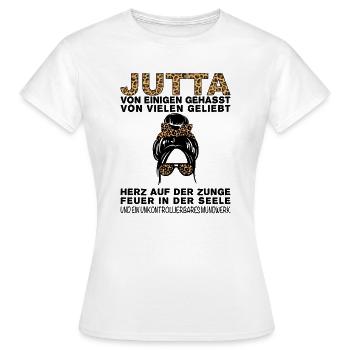 Jutta Gehasst Geliebt Großes Mundwerk - Frauen T-Shirt - Weiß - Vorne - AI Model Female 172 dark (172cm)
