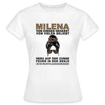 Milena Gehasst Geliebt Großes Mundwerk - Frauen T-Shirt - Weiß - Vorne - AI Model Female 172 dark (172cm)
