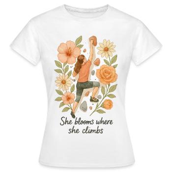She blooms where she climbs - Bouldering & Flowers - Women's T-Shirt - white - Front - AI Model Female 172 dark (172cm)