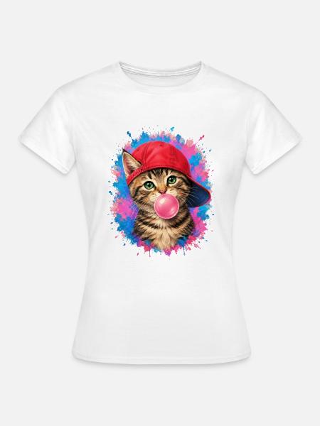 Coole Katze mit Cap und Kaugummi - Frauen T-Shirt - Weiß