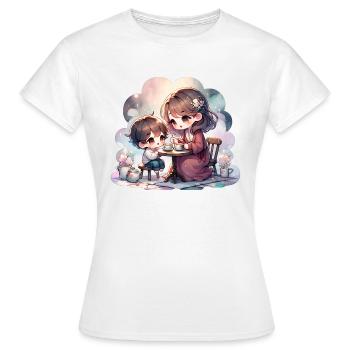 Mother and Son Enjoying a Cozy Tea Party - Women's T-Shirt - white - Front - AI Model Female 172 dark (172cm)