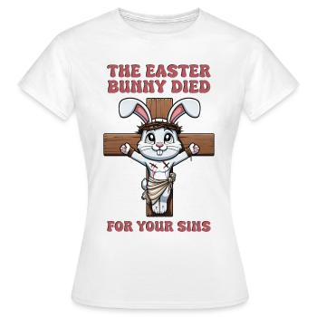 Hase als Jesus am Kreuz Lustige Kreuzigung - Frauen T-Shirt - Weiß - Vorne - AI Model Female 172 dark (172cm)