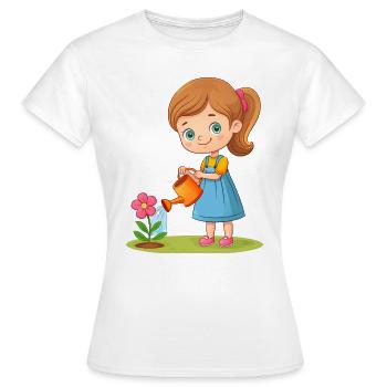 Girl watering a flower with a watering can - Women's T-Shirt - white - Front - AI Model Female 172 dark (172cm)