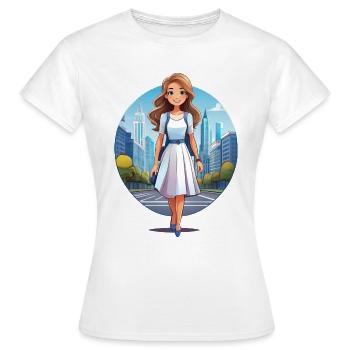 City trip – woman walks through the streets of a city - Women's T-Shirt - white - Front - AI Model Female 172 dark (172cm)