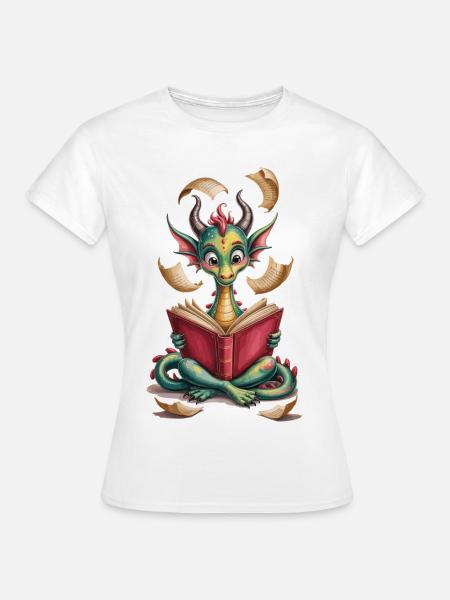 Bücherdrache Drache mit Buch Shirt - Frauen T-Shirt - Weiß