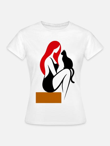 donna_stilizzata_con_capelli_rossi_e_gatto_nero - Frauen T-Shirt - Weiß