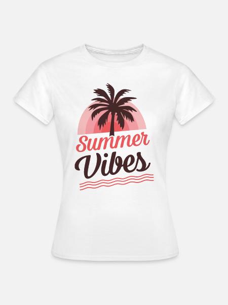 Summer Vibes - Sonnenuntergang, Palmen und Meer - Frauen T-Shirt - Weiß