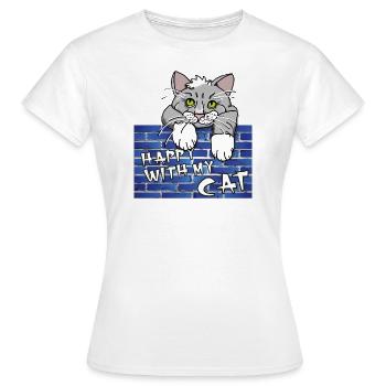 Süßes Katzenmotiv - Mauer mit Kater im Comicstyle - Frauen T-Shirt - Weiß - Vorne - AI Model Female 172 dark (172cm)