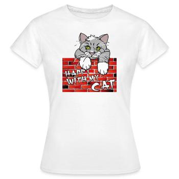 Süßes Katzenmotiv - Mauer mit Kater im Comicstyle - Frauen T-Shirt - Weiß - Vorne - AI Model Female 172 dark (172cm)