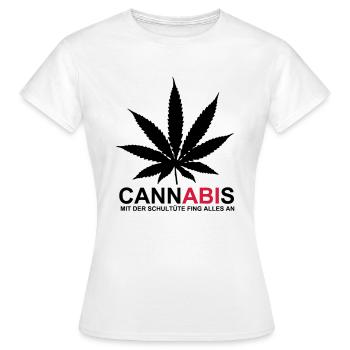 ABIMOTTO - CannABIs - MIT DER SCHULTÜTE FING ALLES - Frauen T-Shirt - Weiß - Vorne - AI Model Female 172 dark (172cm)