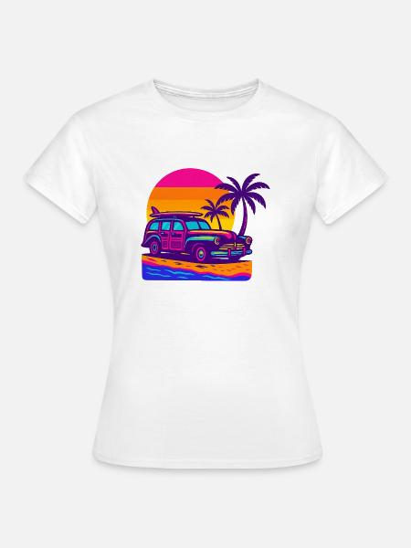 Retro Neon Strandurlaub mit Surfbrett Surf Woody - Frauen T-Shirt - Weiß