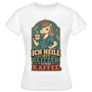 Einhorn Pflege Glitzer Kaffee Shirt - Frauen T-Shirt - Weiß - Vorne - AI Model Female 172 dark (172cm)