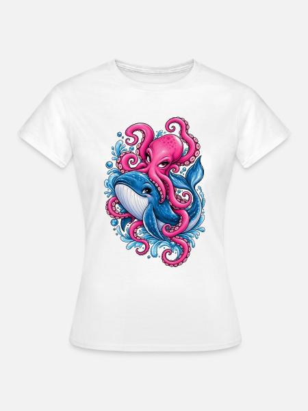 Krake & Wal – Buntes Meeresmotiv - Frauen T-Shirt - Weiß