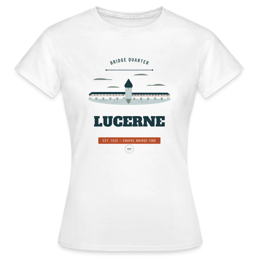 Lucerne badge on a women's t-shirt, white