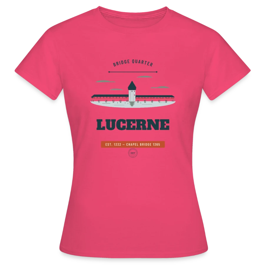 Lucerne badge on a women's t-shirt, azalea