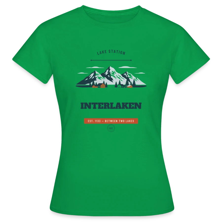 Interlaken badge on a women's t-shirt, kelly green