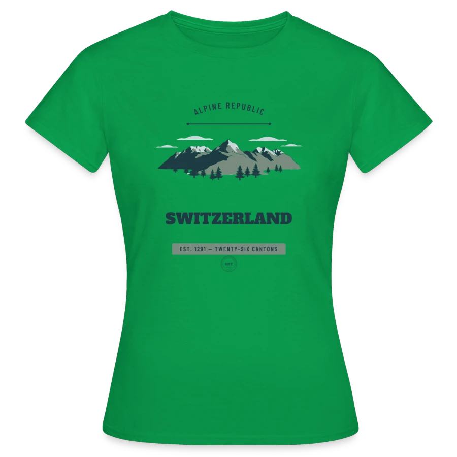 Switzerland badge on a women's t-shirt, kelly green