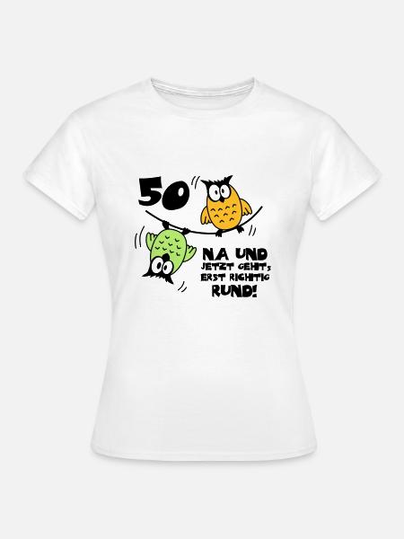 Geburtstag 50, Eulen am Drahtseil, rund - Frauen T-Shirt - Weiß
