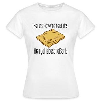 Schwäbische Maultaschen - Herrgottsbescheißerle - Frauen T-Shirt - Weiß - Vorne - AI Model Female 172 dark (172cm)
