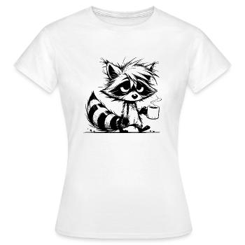 Verschlafener müder Waschbär mit Kaffeetasse - Frauen T-Shirt - Weiß - Vorne - AI Model Female 172 dark (172cm)