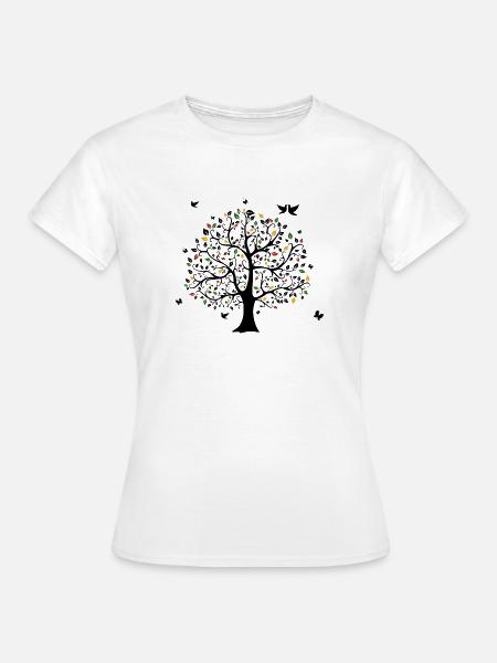 Glücksgefühl Hippie Baum Schmetterling Vogel - Dame-T-shirt - hvid