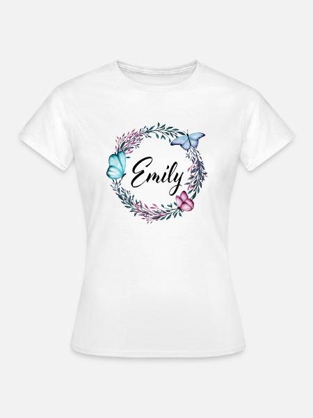 Emily, Nombre, Letras, Corona de flores, Regalo - Camiseta mujer - blanco