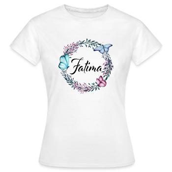 Fatima, Name, Schriftzug, Blumenkranz, Geschenk - Frauen T-Shirt - Weiß - Vorne - AI Model Female 172 dark (172cm)