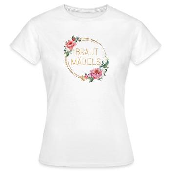 Braut-Mädels! Blumen, Rosa, Weiß Personalisierbar - Frauen T-Shirt - Weiß - Vorne - AI Model Female 172 dark (172cm)