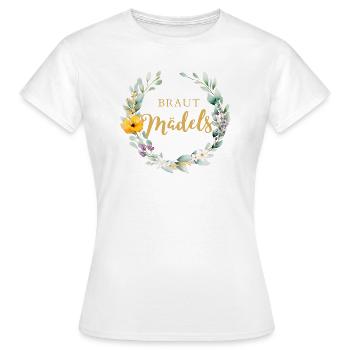 Braut-Mädels! Blumenkranz, Pastel Personalisierbar - Frauen T-Shirt - Weiß - Vorne - AI Model Female 172 dark (172cm)