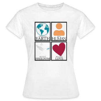 Lieu de naissance Terre Homme Liberté Amour Paix - T-shirt Femme - blanc - Devant - AI Model Female 172 dark (172cm)