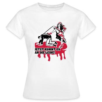 Jetzt kommt er an die Leine! - Frauen T-Shirt - Weiß - Vorne - AI Model Female 172 dark (172cm)