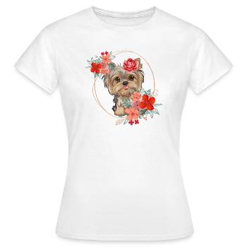 Spring design - Yorkshire Terrier in a wreath of flowers - Women's T-Shirt - white - Front - AI Model Female 172 dark (172cm)