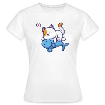 Cute cat hug fish cartoon vector icon illustration - T-shirt Femme - blanc - Devant - AI Model Female 172 dark (172cm)