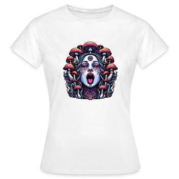Trippy Frauengesicht mit Magic Mushrooms - Frauen T-Shirt - Weiß - Vorne - AI Model Female 172 dark (172cm)