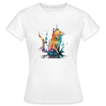 Rote Katze als Aquarell mit Wassertropfen - Frauen T-Shirt - Weiß - Vorne - AI Model Female 172 dark (172cm)