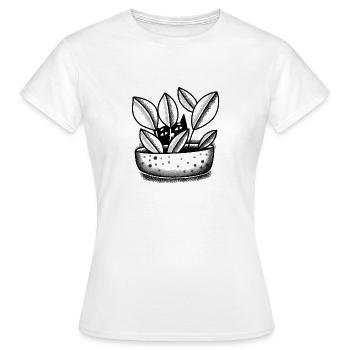 Flache niedliche Katze, die sich in einer Topfpflanze versteckt - Frauen T-Shirt - Weiß - Vorne - AI Model Female 172 dark (172cm)