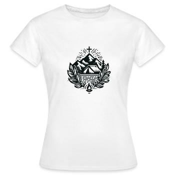 Bergkreuz mit Lorbeer und Feuer - Frauen T-Shirt - Weiß - Vorne - AI Model Female 172 dark (172cm)