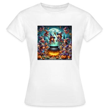 Whimsical Witches at the Cauldron Halloween Scene - Women's T-Shirt - white - Front - AI Model Female 172 dark (172cm)