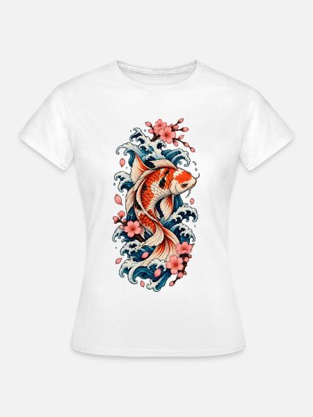 Koi in Wellen und Sakura - Frauen T-Shirt - Weiß