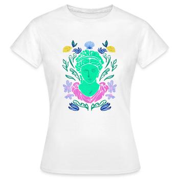 "Ancient Sculpture and Flowers" - Women's T-Shirt - white - Front - AI Model Female 172 dark (172cm)
