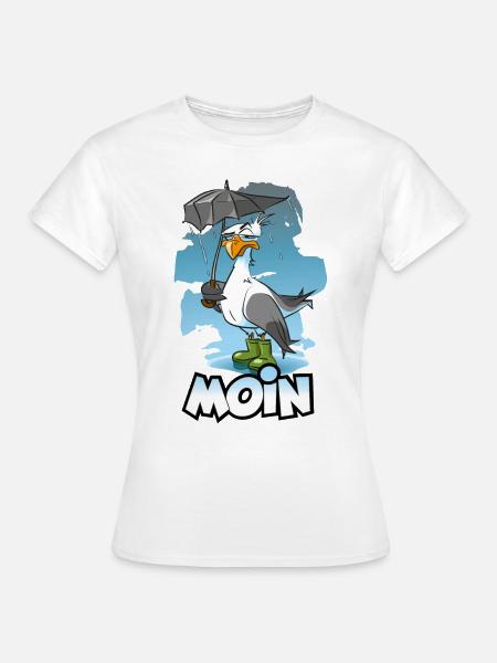 Möwe mit Regenschirm und Gummistiefel - Moin - Frauen T-Shirt - Weiß