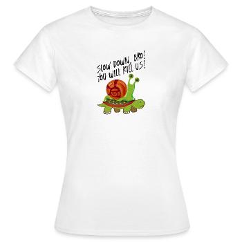 Ralentissez! T-shirt drôle de tortue d'escargot - T-shirt Femme - blanc - Devant - AI Model Female 172 dark (172cm)