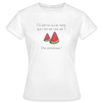 Blague du jour ! Steak ou Pastèque ? - T-shirt Femme - blanc - Devant - AI Model Female 172 dark (172cm)