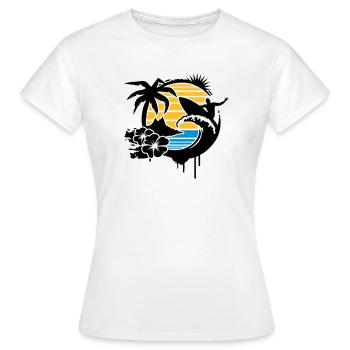 un palmier, fleurs d'hibiscus, une île,une vague - T-shirt Femme - blanc - Devant - AI Model Female 172 dark (172cm)