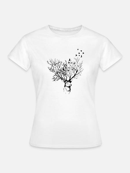Kunsvoller Hirschkopf mit Vögeln - Frauen T-Shirt - Weiß