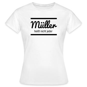 Müller Namensschild - Frauen T-Shirt - Weiß - Vorne - AI Model Female 172 dark (172cm)