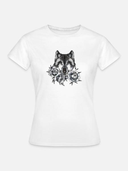 Wolf und Pfingstrosen - Frauen T-Shirt - Weiß