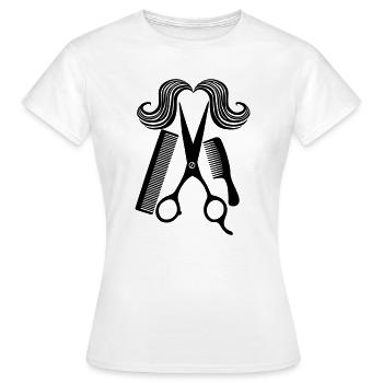 For hair salon with scissors two combs and a mustache - Women's T-Shirt - white - Front - AI Model Female 172 dark (172cm)