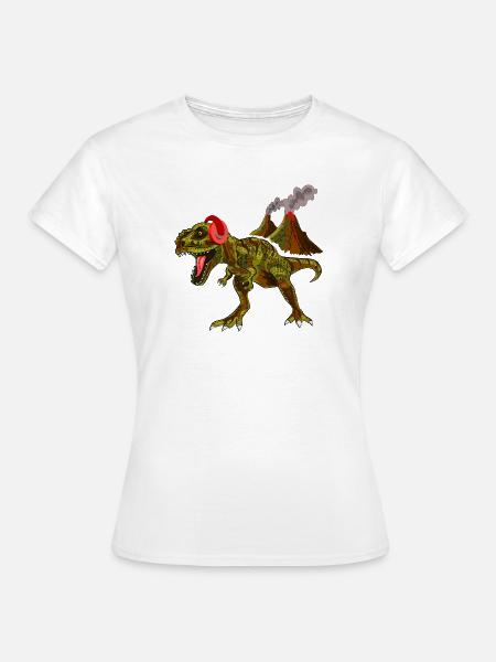 Dinosaurier mit Kopfhörern vor Vulkan - Frauen T-Shirt - Weiß